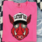 A pink t-shirt with a graphic of a red boar wearing sunglasses and a baseball cap, along with the text "LET'S GO".