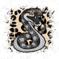 A stylized illustration of a snake with a leopard print pattern surrounding it, set against a white background with splatters and splotches.