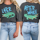 two women wearing black t-shirts with a graphic of a green alligator on the back. The t-shirts have the text "later" and "after while" printed on them.