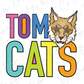 A colorful graphic design featuring the text "TOM CATS" with a stylized illustration of a cat's face.