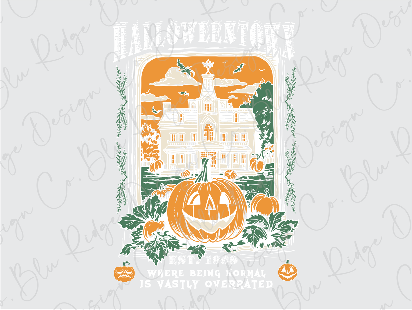 a halloween card with a pumpkin in front of a castle