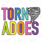 a colorful and stylized representation of the word "TORNADO" with a stylized depiction of a storm cloud.
