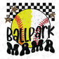 a softball ball and checkered background with the words ballpark mama