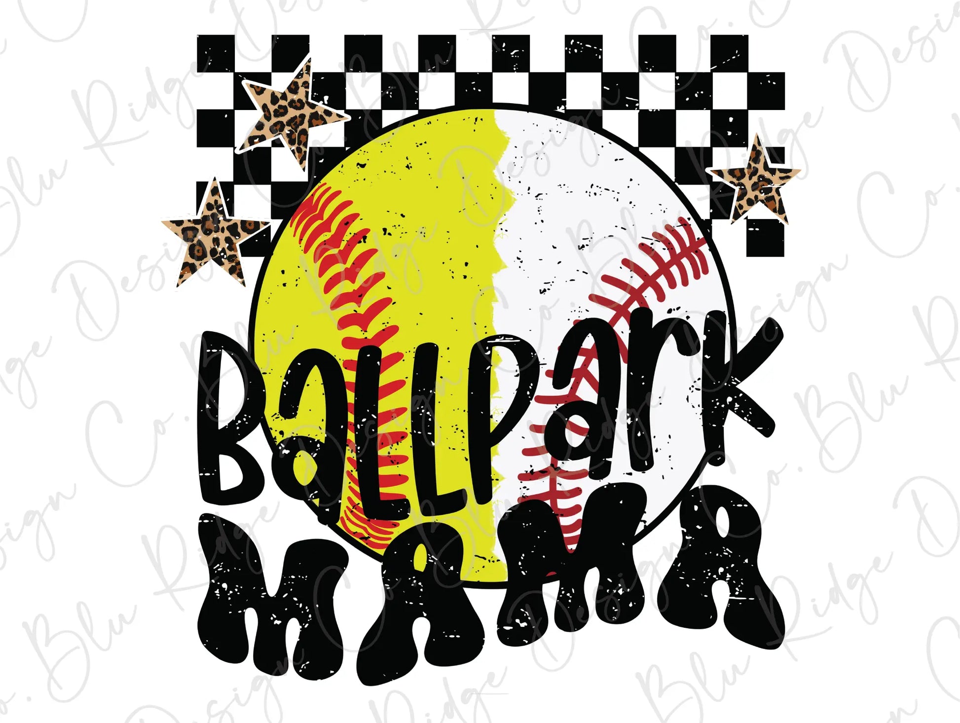 a softball ball and checkered background with the words ballpark mama