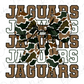 A large camouflage bow made up of the letters "JAGUARS" in various shades of brown and green.