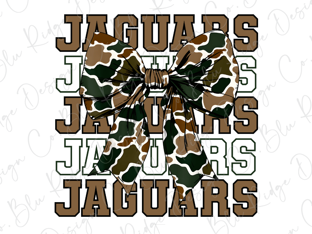 A large camouflage bow made up of the letters "JAGUARS" in various shades of brown and green.