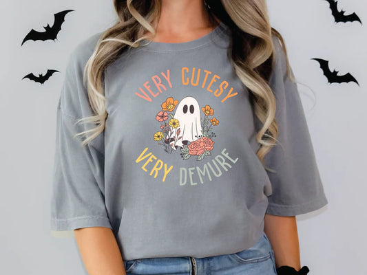 Very Cutesy Very Demure Colorful Halloween Floral Ghost Graphic T-Shirt