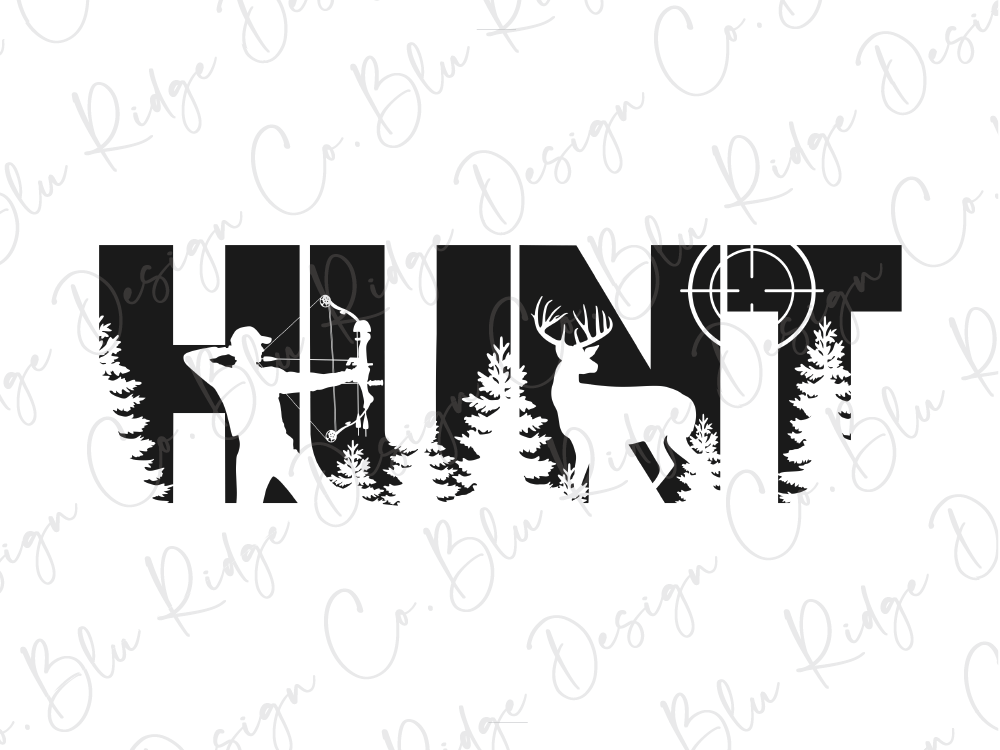 the word hunt with an image of a deer and a rifle