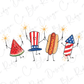 A group of four anthropomorphic objects, including a watermelon, a hot dog, a firework, and a fireworks rocket, are depicted in the image.