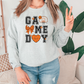 a woman wearing a sweatshirt that says game day