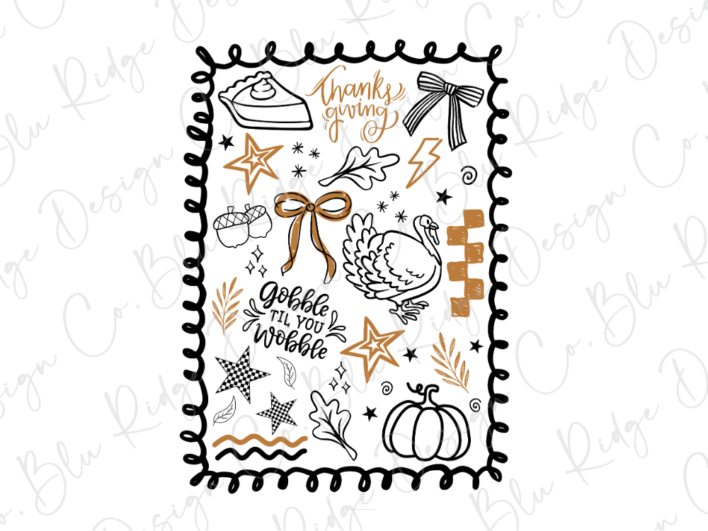 The image is a collage of various Thanksgiving-themed elements, including a turkey, a pie, stars, and a bow, all framed within a decorative border.