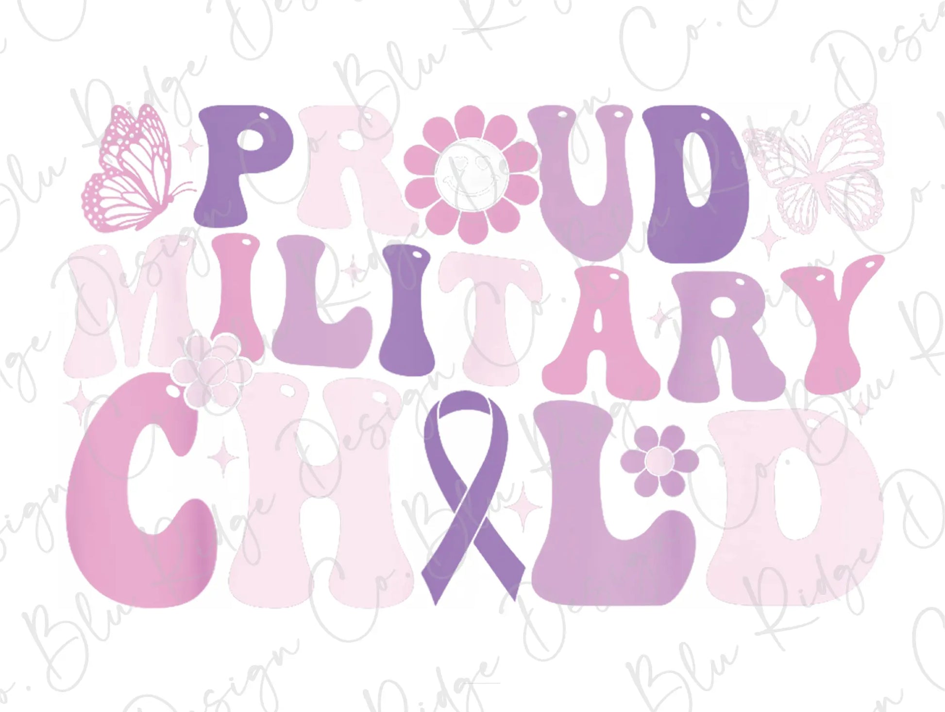 the words proud military girl are painted in pink and purple