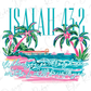 a tropical beach scene with palm trees, a pier, and a body of water. The text overlay reads "When you go through deep waters I will be with you".
