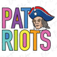 a patriotic figure wearing a hat with a star, surrounded by the text "PATRIOTS" in a colorful, stylized font.