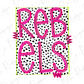 the word "REBELS" in a bold, pink font against a background of black and white polka dots.