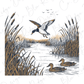 A duck is flying over a river with reeds, while two ducks are swimming in the water below.
