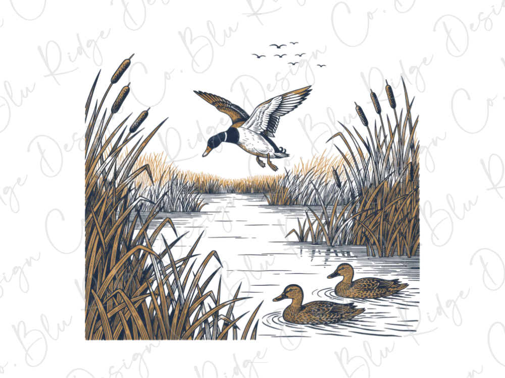 A duck is flying over a river with reeds, while two ducks are swimming in the water below.