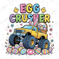 a yellow monster truck with large tires and a basket on the back, surrounded by colorful Easter eggs and two small yellow birds.