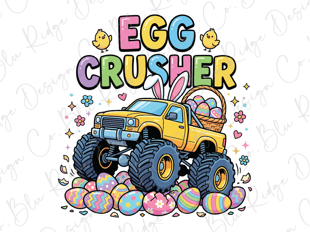 a yellow monster truck with large tires and a basket on the back, surrounded by colorful Easter eggs and two small yellow birds.