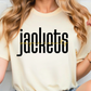 A woman wearing a white t-shirt with the word "jackets" printed on it.