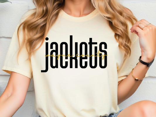 A woman wearing a white t-shirt with the word "jackets" printed on it.