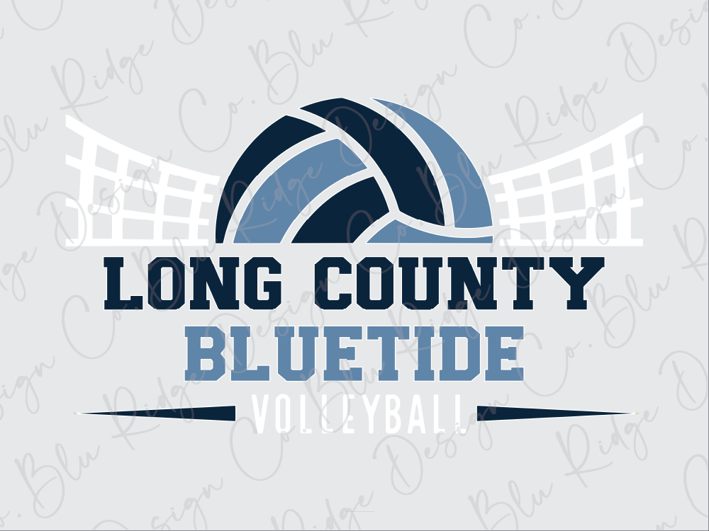 a volleyball and the text "LONG COUNTY BLUE TIDE VOLLEYBALL!"