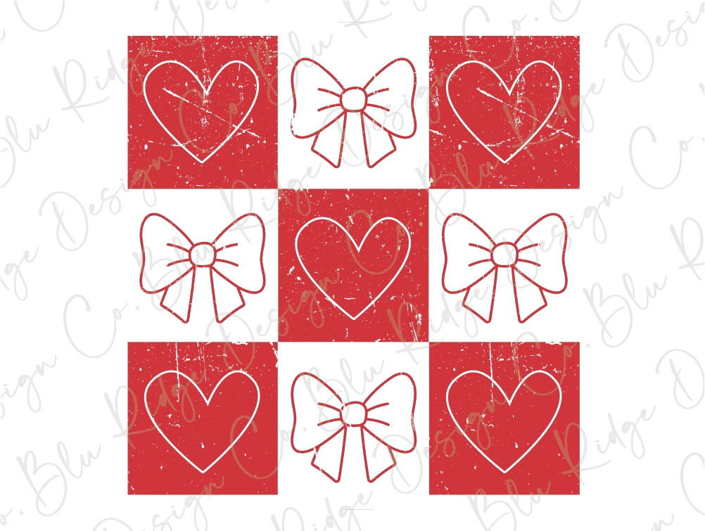 a red and white checkerboard with hearts and bows