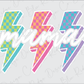three different colored lightning stickers on a white background
