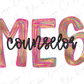 the word "Counselor" written in a stylized font, with the letters in various colors such as pink, blue, and yellow.