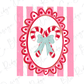 a decorative frame with two candy canes and a bow, set against a background of pink and white stripes.