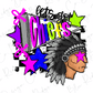 a colorful and stylized depiction of a Native American headdress, surrounded by various geometric shapes and patterns in shades of pink, purple, blue, and green.