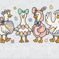 A group of four cartoon ducks, each wearing a unique Easter-themed outfit, standing together and surrounded by Easter eggs and flowers.