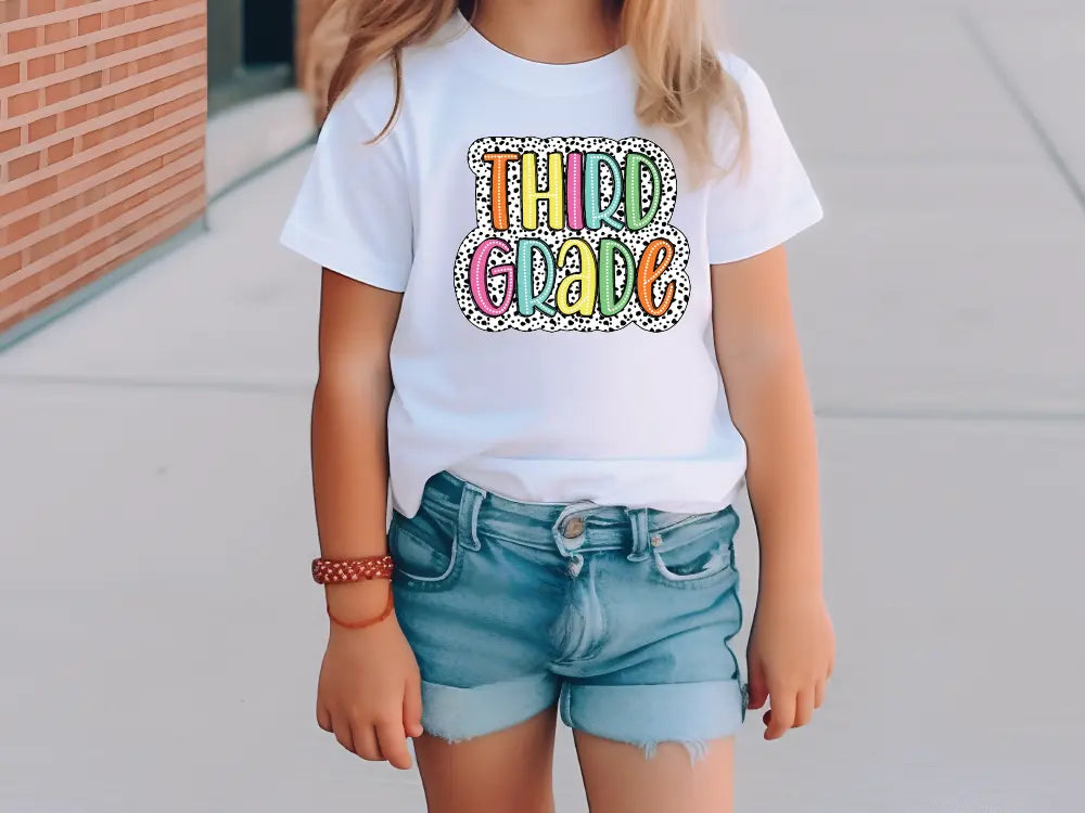 a little girl standing on a sidewalk wearing a white shirt