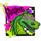 A colorful illustration of a dragon with checkerboard eyes, surrounded by stars and a pink banner with the word "Bridgestone" written on it.
