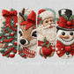 A collage of four Christmas-themed embroidered or knitted objects, including a reindeer, Santa Claus, a snowman, and a Christmas tree, arranged in a row.