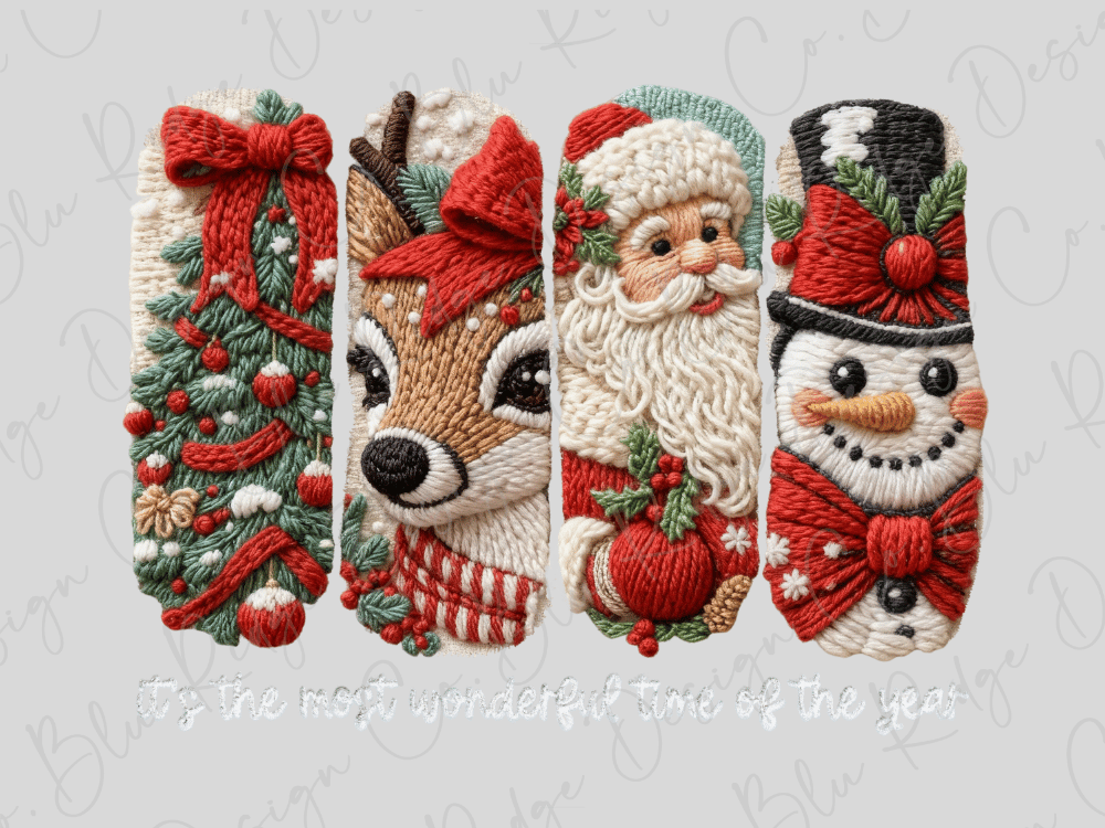 A collage of four Christmas-themed embroidered or knitted objects, including a reindeer, Santa Claus, a snowman, and a Christmas tree, arranged in a row.