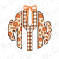 A monogram made up of a tie and a jacket, with a bow and autumn-themed elements such as pumpkins and leaves.