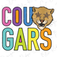a cougar with star-shaped eyes, accompanied by the text "COUGARS" in a colorful, stylized font.