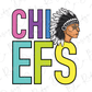 A colorful graphic design featuring the letters 'CHI' and 'EF' with an illustration of a Native American headdress.