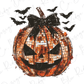 a mosaic pumpkin with a black bow and bats