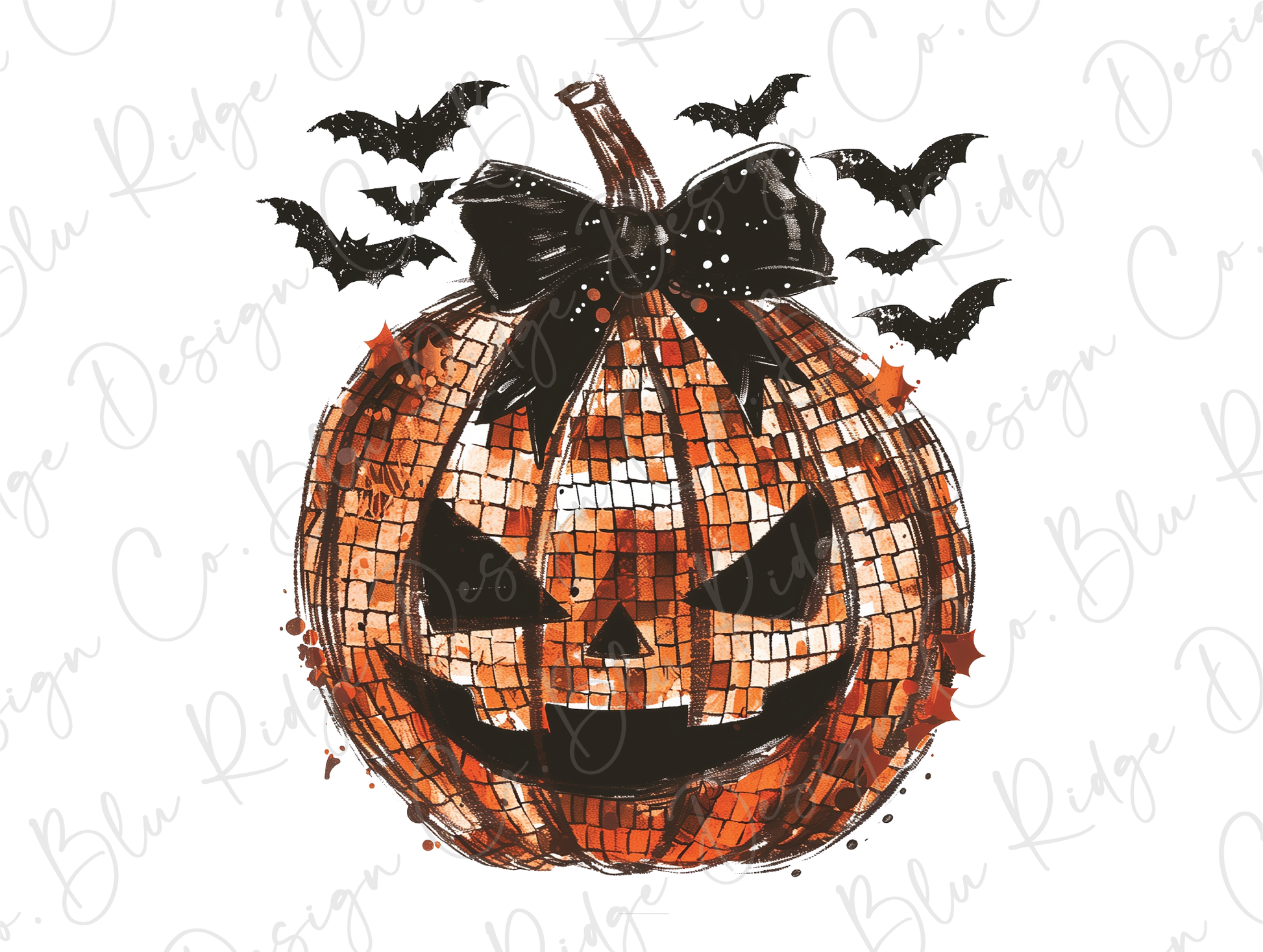 a mosaic pumpkin with a black bow and bats