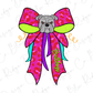 A cartoon illustration of a bulldog wearing a large pink bow with a leopard print pattern.