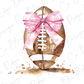 a watercolor painting of a football with a pink bow