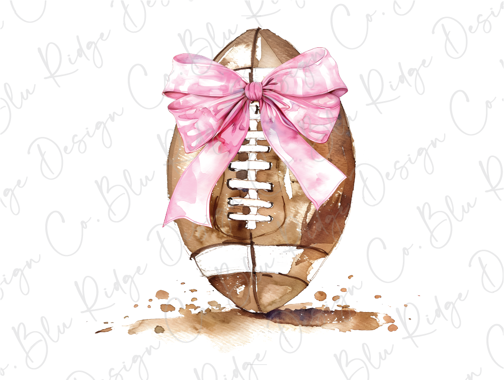 a watercolor painting of a football with a pink bow