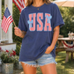 A woman wearing a blue t-shirt with the word "USA" and denim shorts is holding an American flag in front of a white house with a porch.