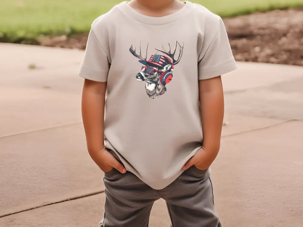 a young boy wearing a t - shirt with a deer head on it