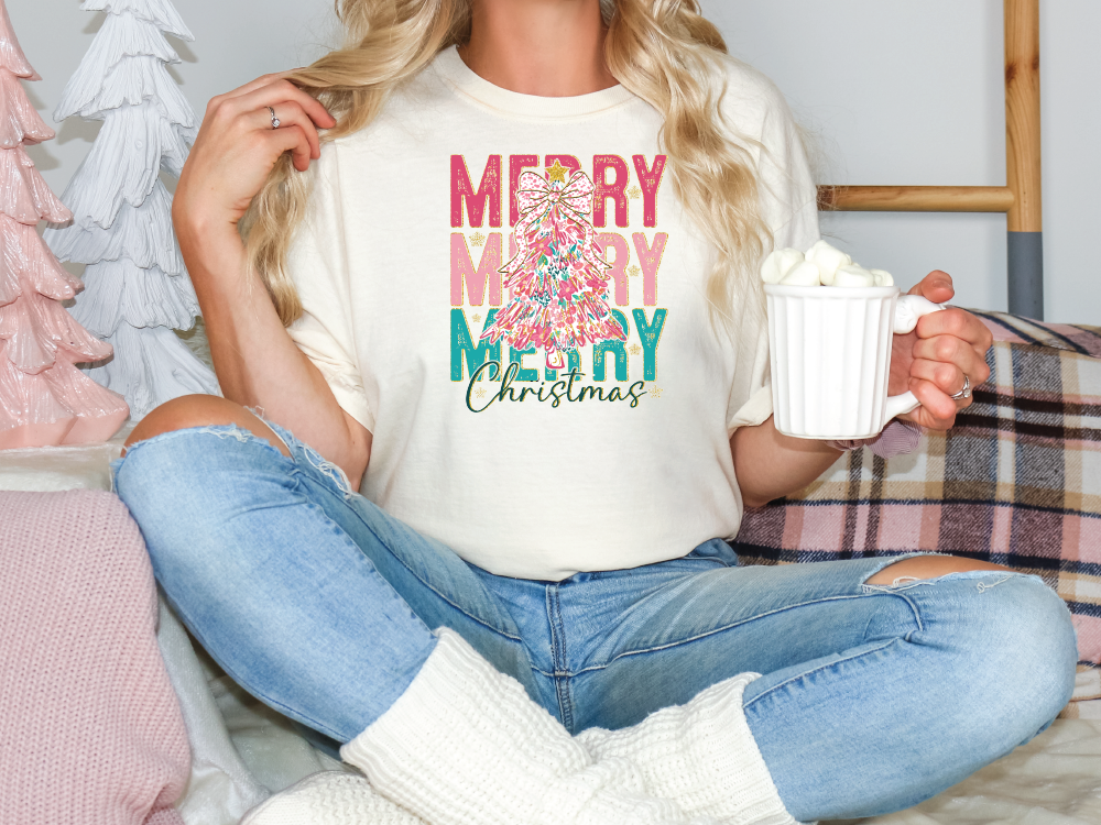 Merry Pink Christmas Tree Stack Graphic T-Shirt