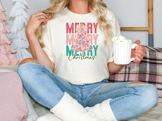 Merry Pink Christmas Tree Stack Graphic T-Shirt