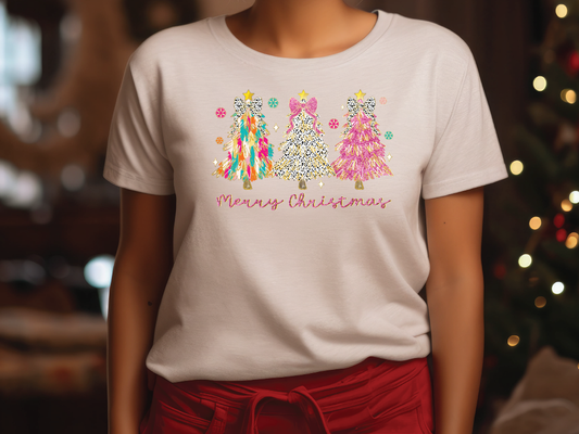 Merry Christmas Coquette Faux Glitter Christmas Trees Graphic T-Shirt