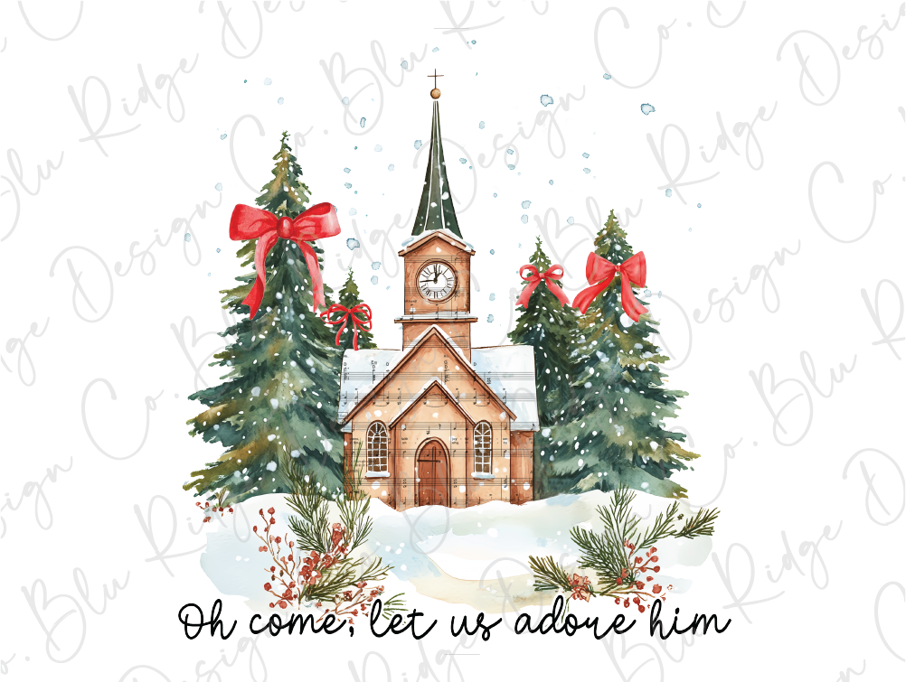 Oh Come Let Us Adore Him Christmas Tree Church Graphic T-Shirt